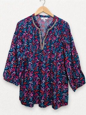 Charter Club Luxury Linen Jeweled Collar Tunic Top Size Large Boho Cottagecore